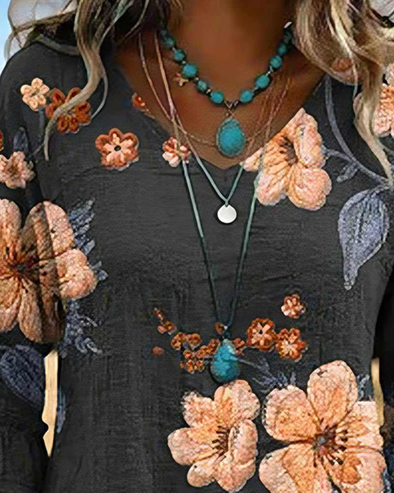Blouse V-Hals Vintage Bloemen Loose Fit