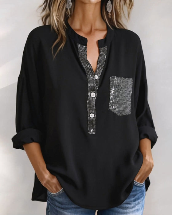 Casual Top Pailletten Patchwork Losvallend