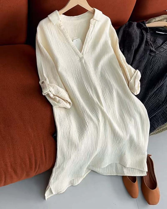 Jurk Lange Mouwen Effen Kleur Eenvoudige Revers