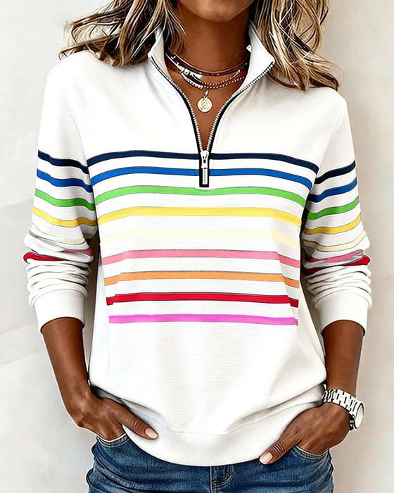 Modieuze Sweatshirt Met Halve Rits En Regenboogstrepen