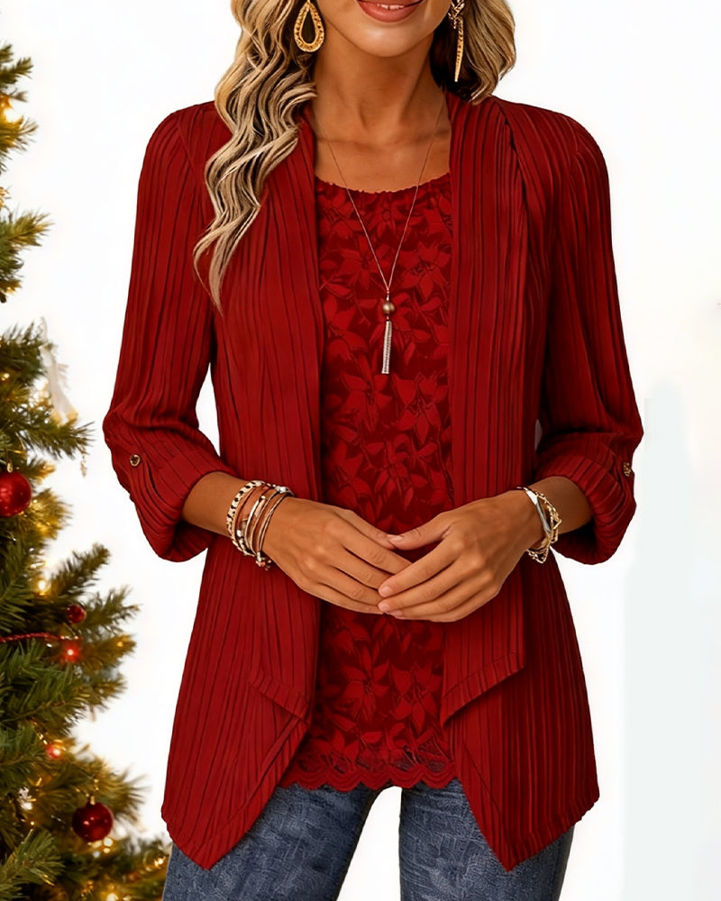 Geribde Top Met Faux Twee-Delige Look En Patchwork