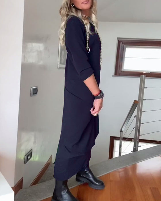 Ronde hals geplooide effen elegante jurk