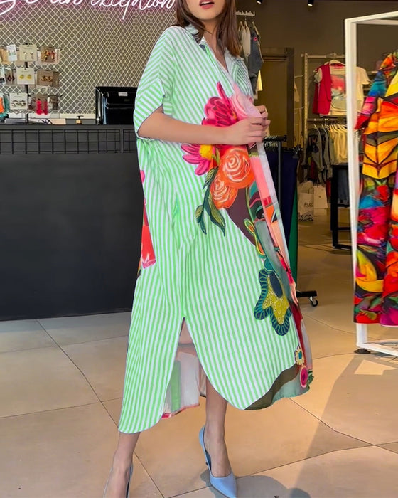 Verticale gestreepte blouse met reverssplit en karakterprint