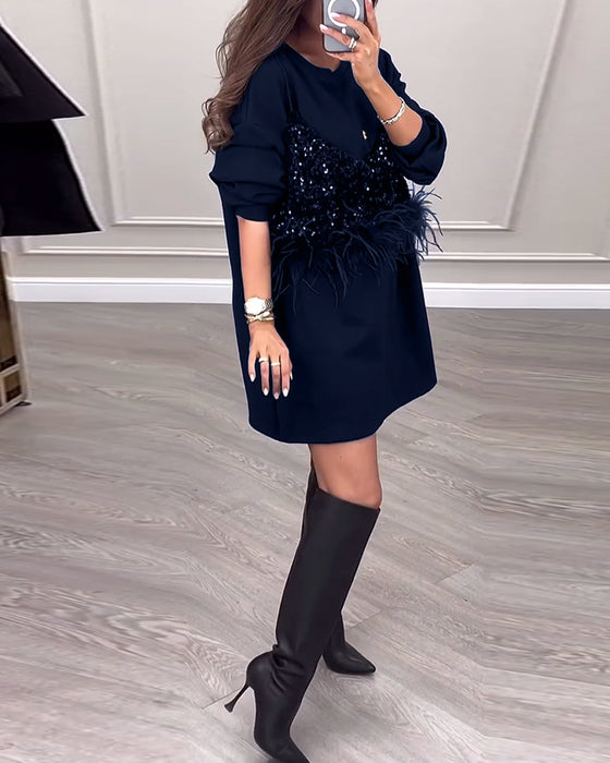 Mode effen kleur jurk met pailletten en veren patchwork