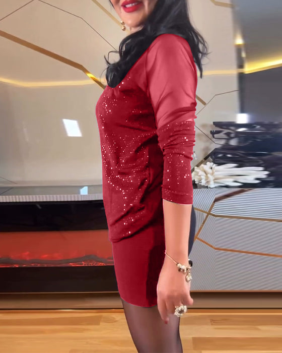 Top sexy v-hals mesh en effen pailletten