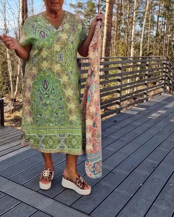 Jurk V-Hals Korte Mouwen Bedrukt Recht