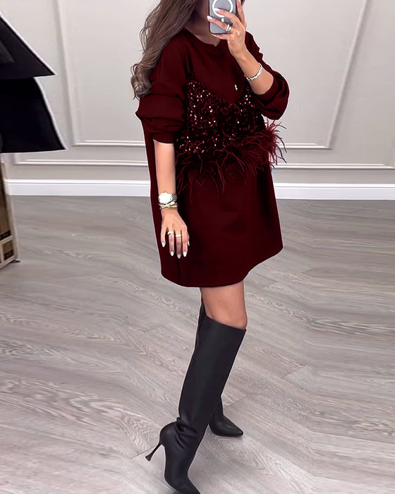 Mode effen kleur jurk met pailletten en veren patchwork