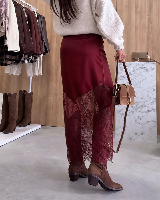 Elegante Satijnen Rok Met Kanten Patchwork