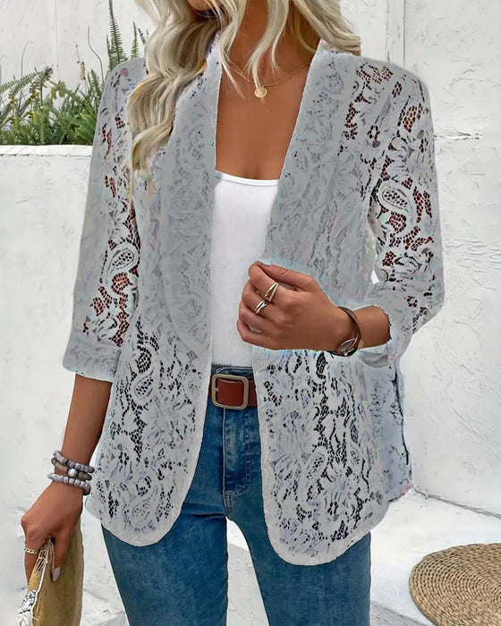 Effen kleur elegante jas met bloemenkant en revers
