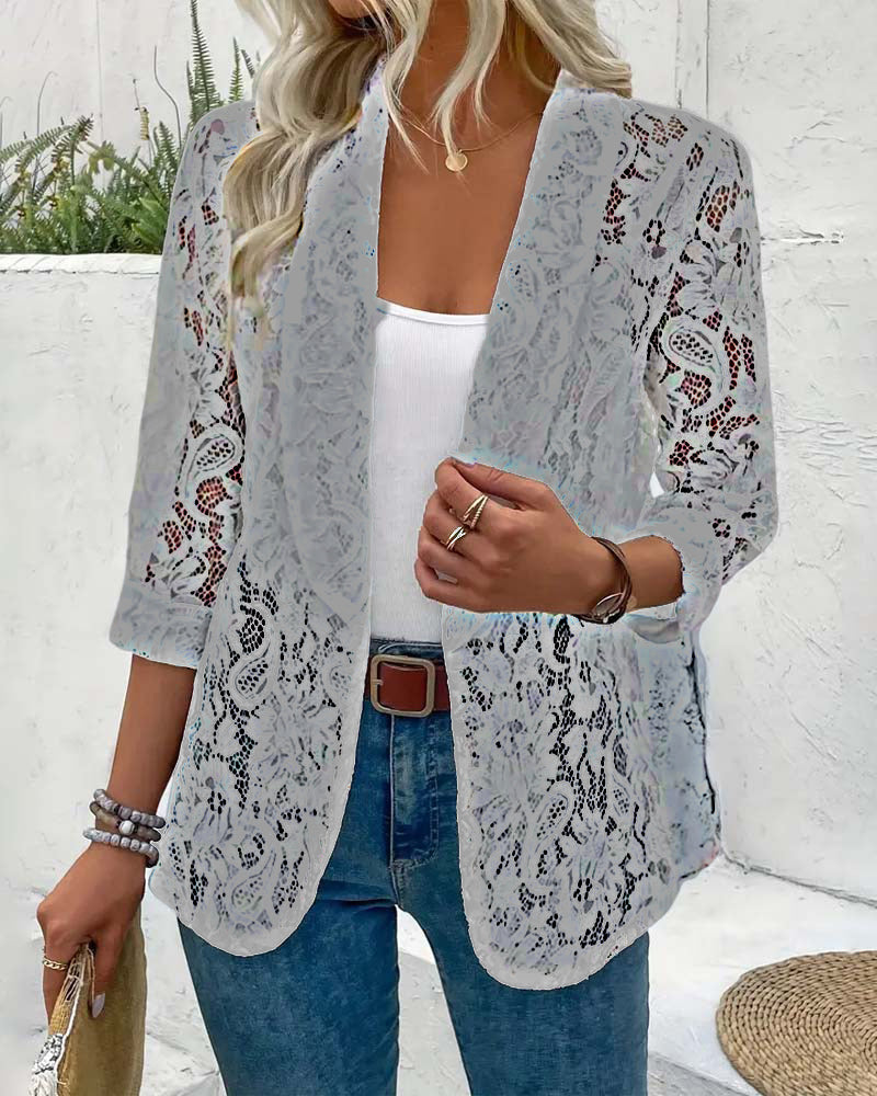 Effen kleur elegante jas met bloemenkant en revers