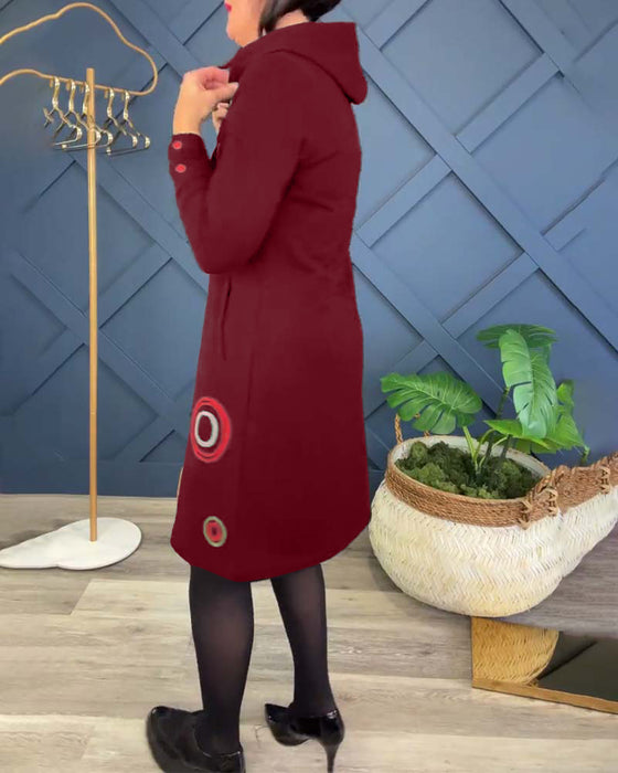 Casual jurk met rits en capuchon en cirkelprint