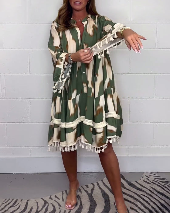 Casual jurkje met vintage print en franje