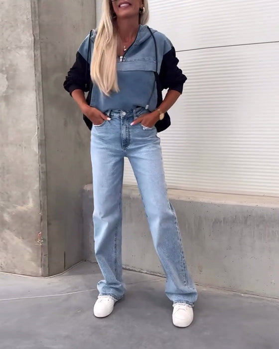 Casual denim patchwork hoodie met rits