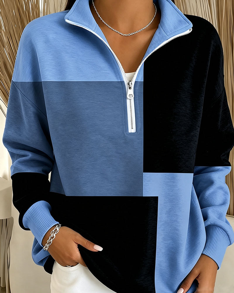 Sweatshirt Geruit Kleurblok Rits Staande-Kraag