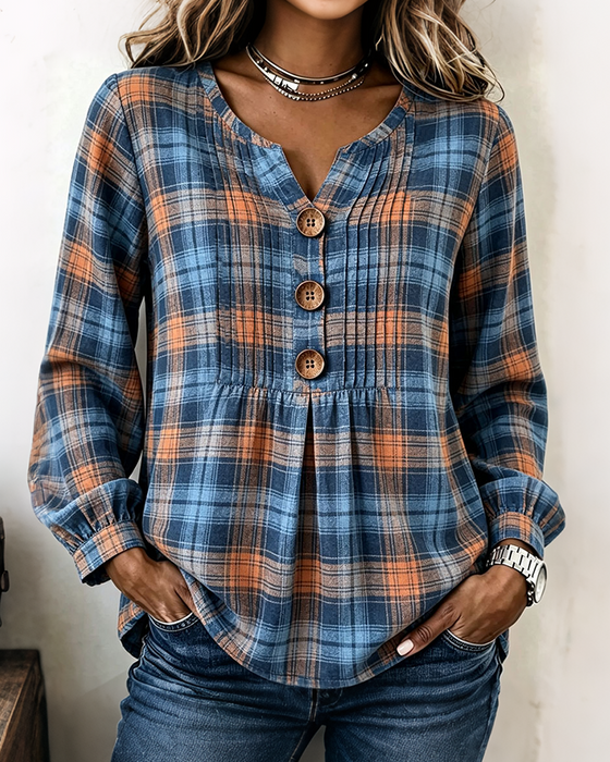 Blouse Drie-Knoop Geruit Langmouw