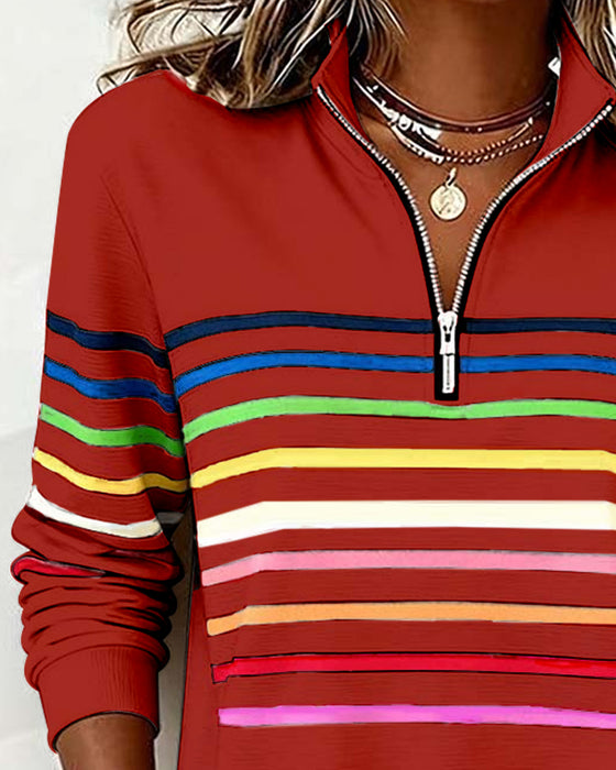 Modieuze Sweatshirt Met Halve Rits En Regenboogstrepen