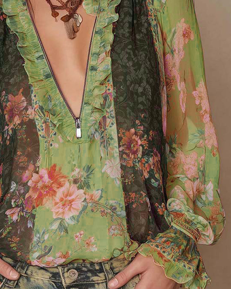 Halfritsluiting Bloemenprint Blouse