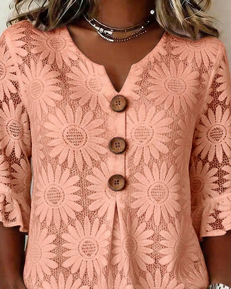 Blouse Met Gerimpeld Madeliefjespatroon En Pofmouwen