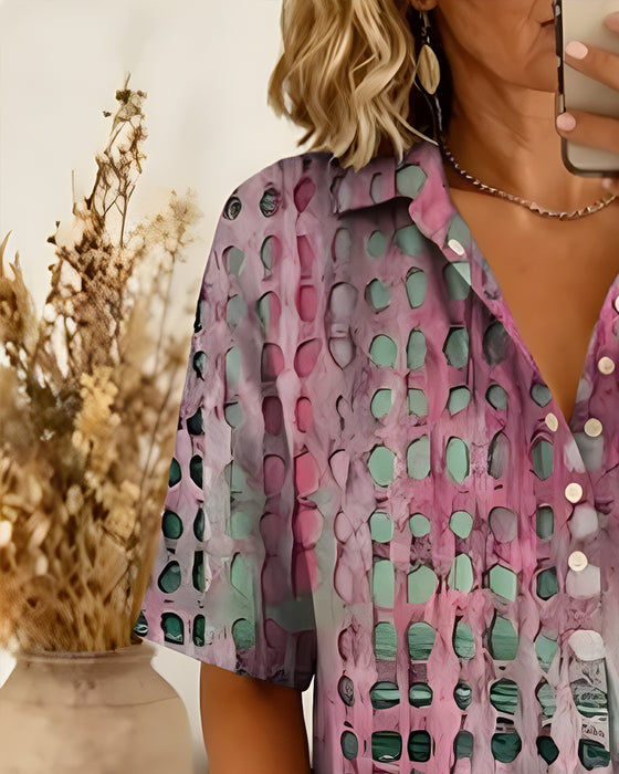 Blouse Stippenprint Knoop Half Knoopsluiting