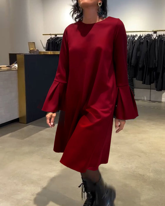 Jurk Effen Wijd Uitlopende Mouw Gerimpeld