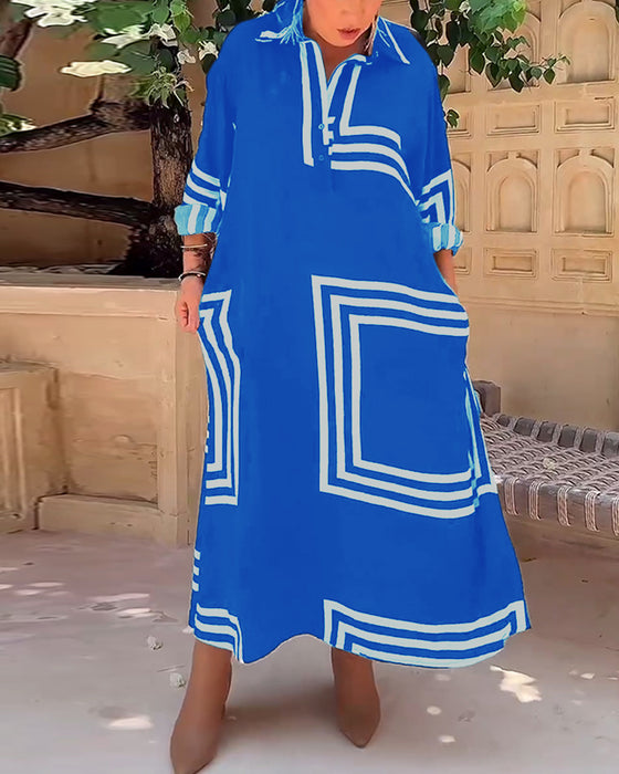 Rechthoekige vrijetijdsjurk met revers en print