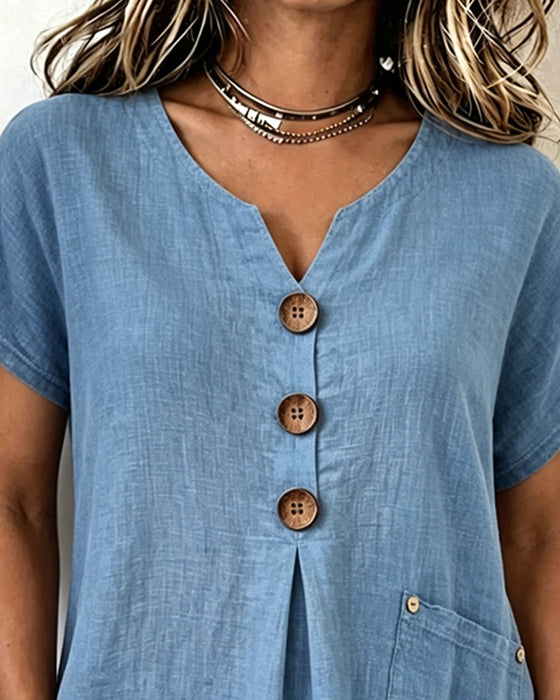 Blouse V-Hals Grote Knoop Korte Mouw