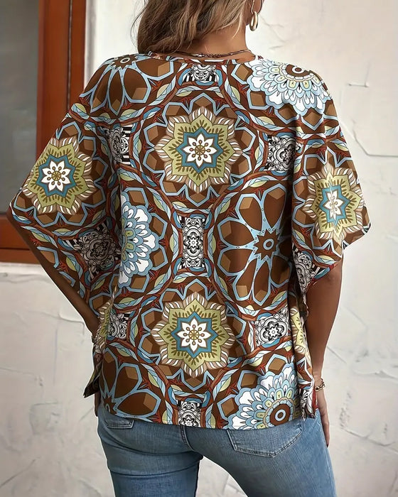 Blouse met knoopjes met halve mouw, V-hals en retroprint