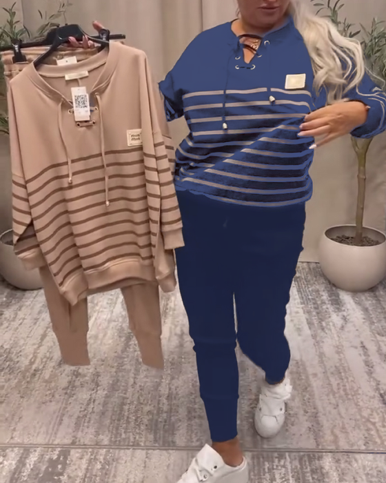 Tweedelig Set Met Casual Gestreepte Sportbroek Tot De Enkel