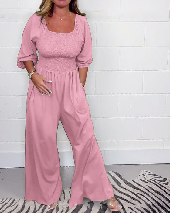 Jumpsuit met vierkante hals en zak in effen kleur
