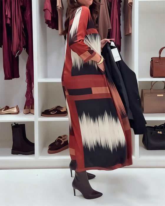 Modieuze Gedrukte Jurk Met Ronde Hals En Lange Mouwen