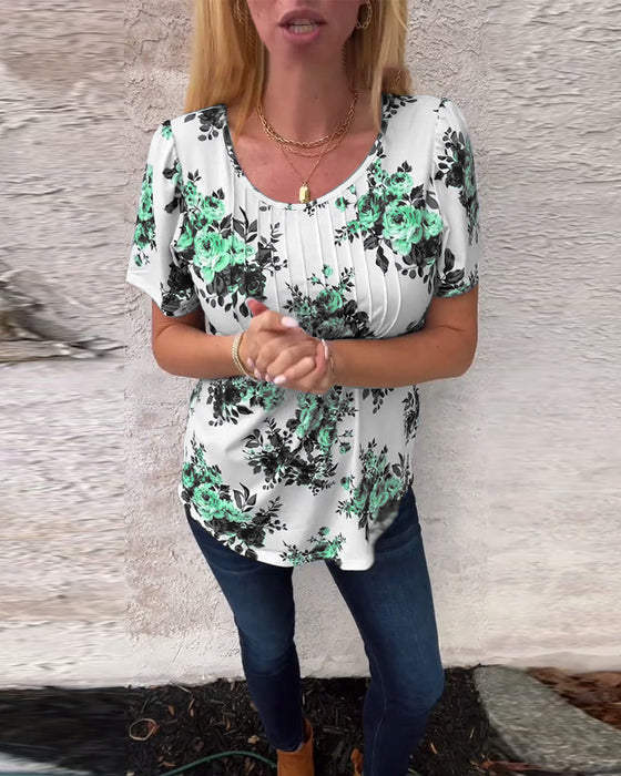 T-Shirt Met Ronde Hals Bloemenprint Geplisseerd