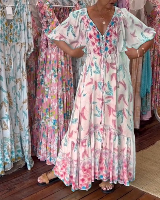 Maxi-jurk met bladprint voor dames met V-hals