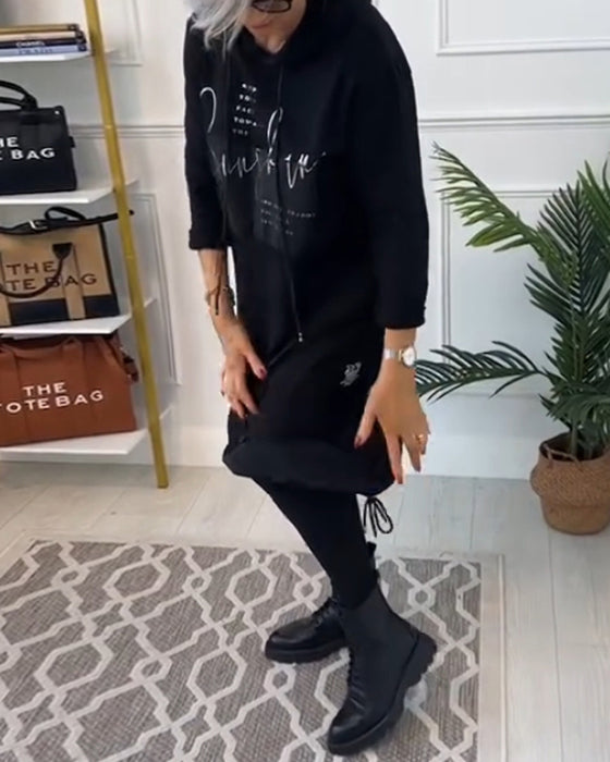 Casual hooded dress met color block letter print en pocket