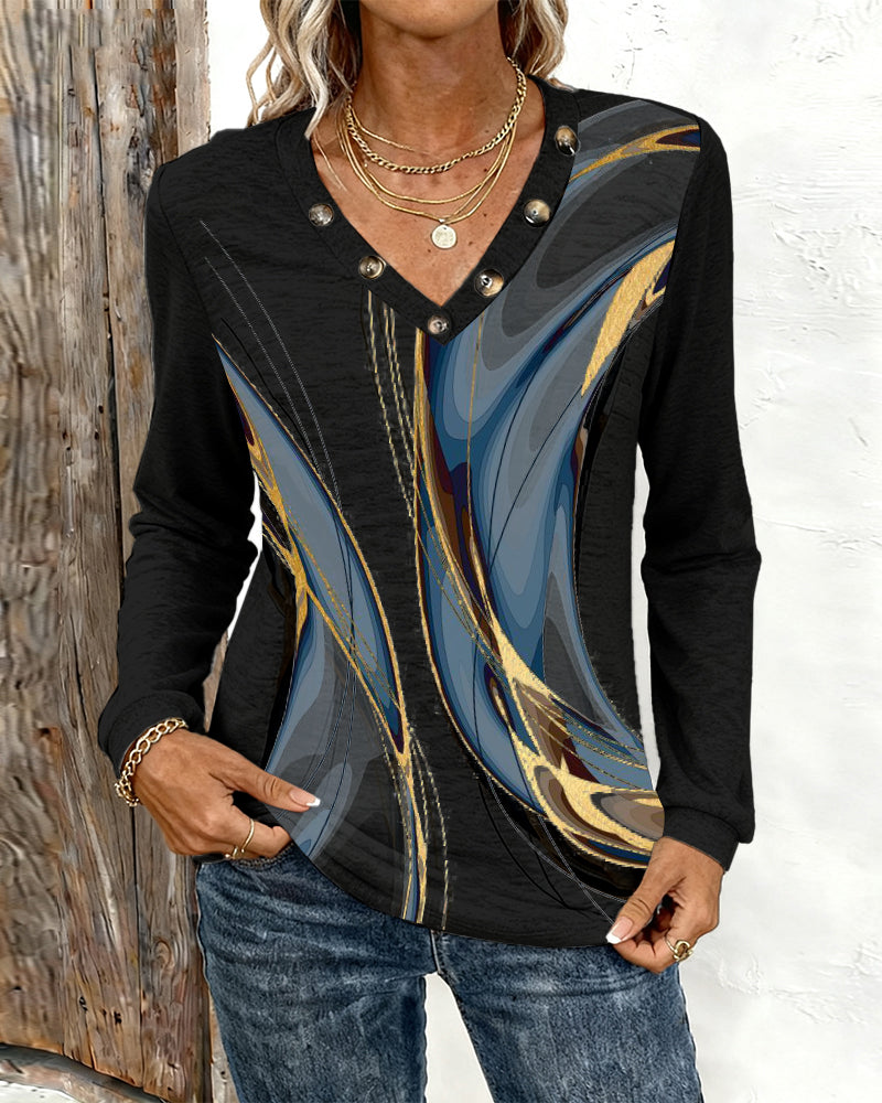 Gedrukte Casual Top Met V-Hals En Lange Mouwen