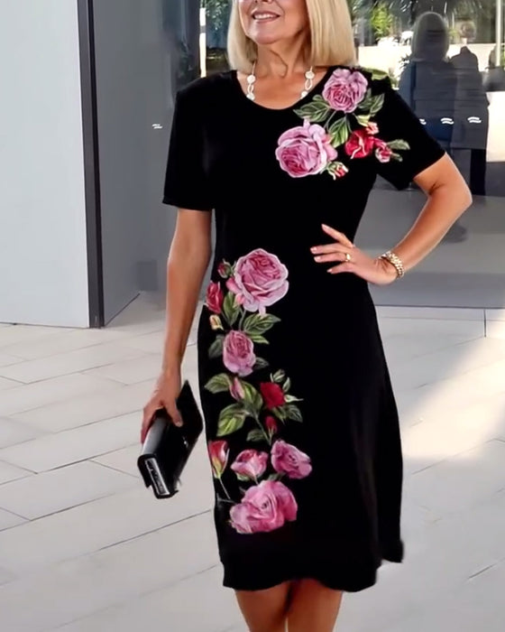 Jurk Korte Mouw Rozenprint Shift