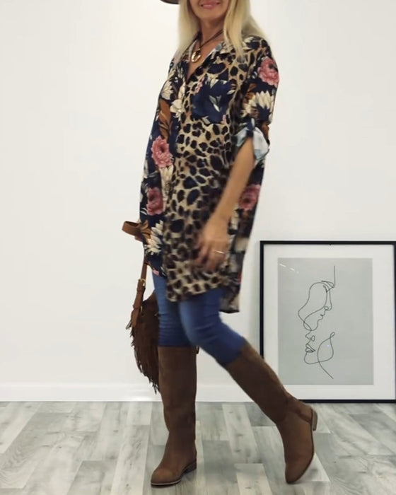 Revers overhemd met patchwork en luipaardprint