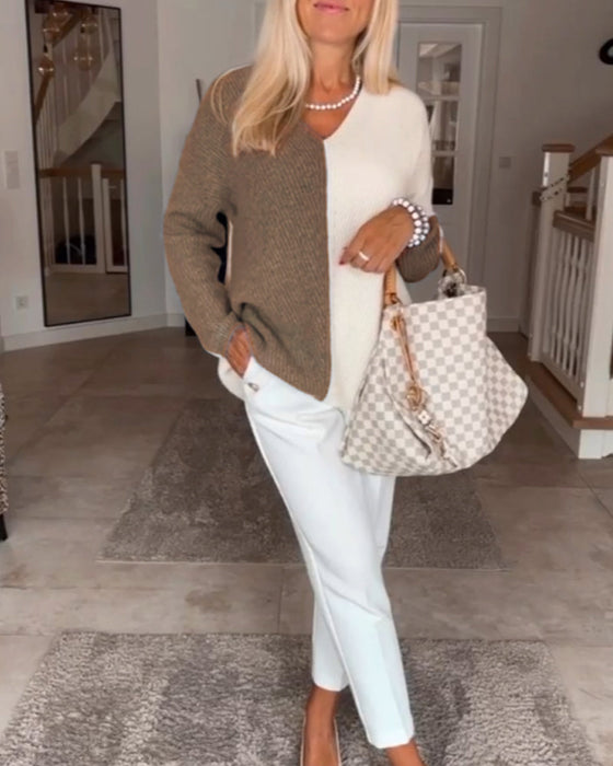 V-hals trui met kleurblok