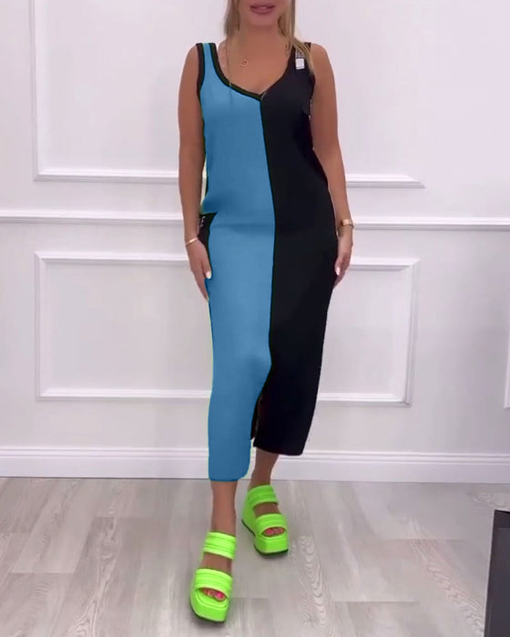 Jurk modieuze contrasterende kleur split