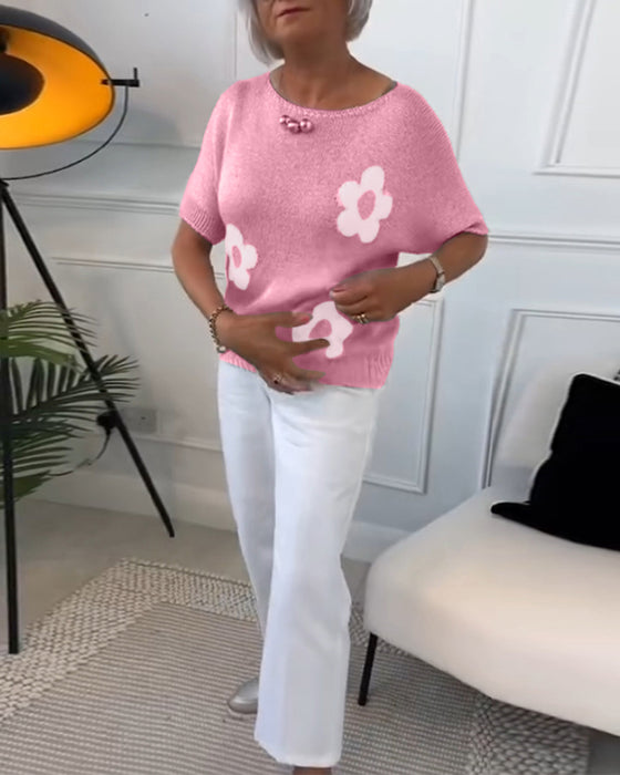 Smalle trui met ronde hals en bloemenprint