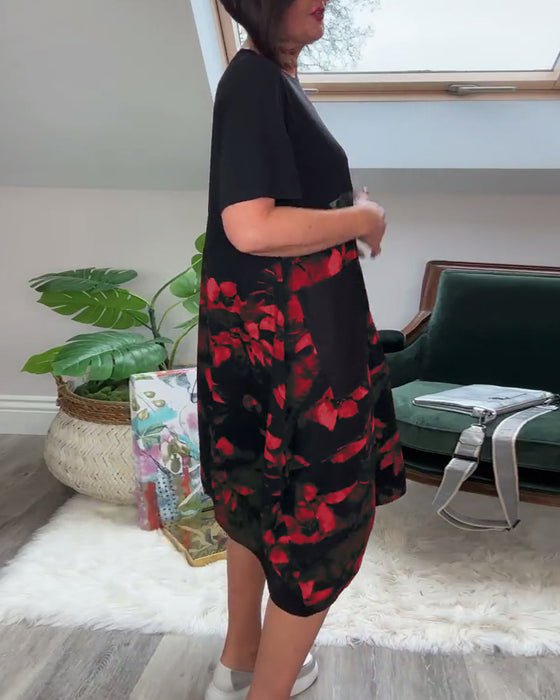 Casual patchworkjurk met ronde hals en bloemenprint