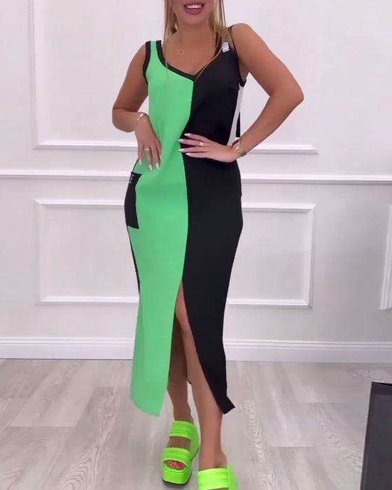 Jurk modieuze contrasterende kleur split