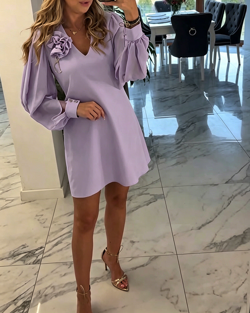 Jurk Driedimensionale Bloem V-hals Lantaarn Mouw