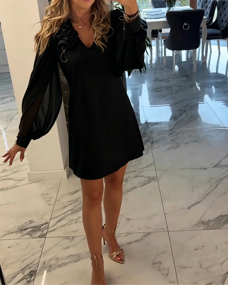 Jurk Driedimensionale Bloem V-hals Lantaarn Mouw