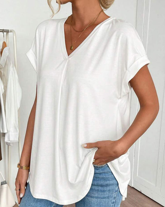 T-Shirt Met Korte Mouwen Effen Kleur Patchwork