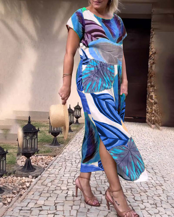 Jurk met split en korte mouwen met bladprint