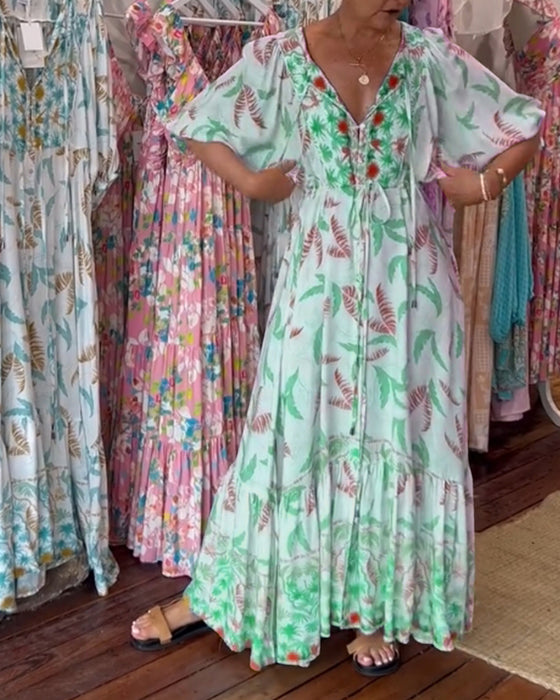 Maxi-jurk met bladprint voor dames met V-hals