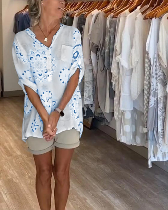 Blouse Veelzijdig V-Hals Bedrukt Halve Mouwen