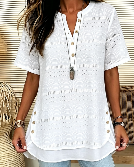 Blouse Effen Kleur V-Hals Knoop Uitgehold Omhoog