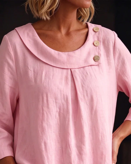 Blouse Gerolde Zoom Ronde Hals Knoop Loszittend