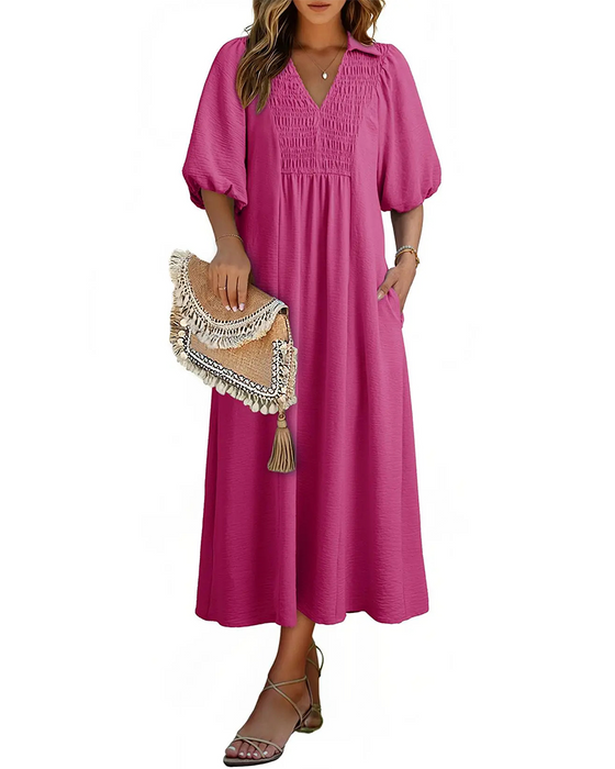 Jurk V-Hals Klep Pof Mouw Maxi